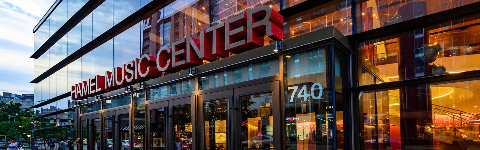 Hamel Music Center entrance at dusk